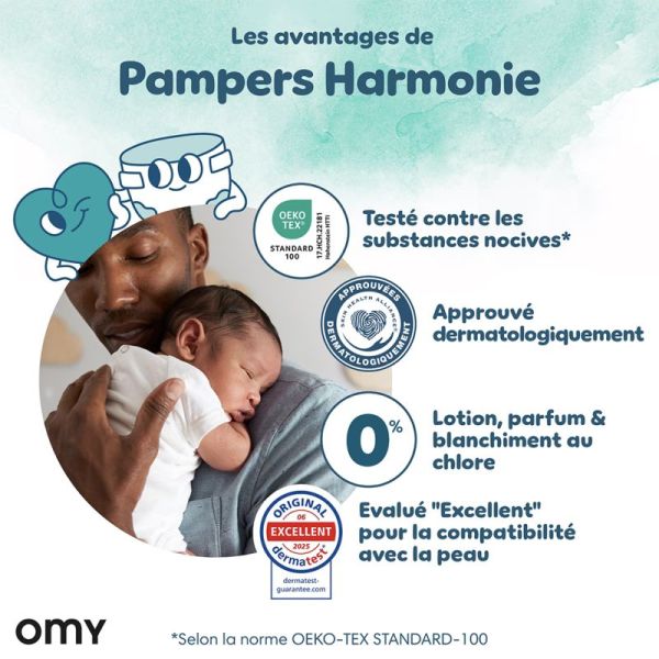 Pampers Harmonie Couches Taille 5 de 11 à 16kg - Maxi Pack 72 couches – Peaux sensibles et 12h au sec
