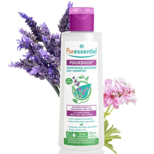 Puressentiel Pouxdoux Shampoing Quotidien Bio 200 ml – Aide à éliminer les poux, assainit et apaise le cuir chevelu