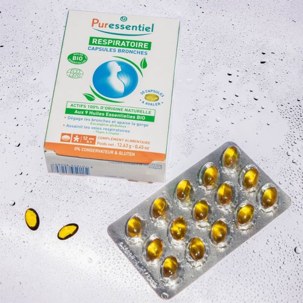 Puressentiel Respiratoire Capsules Bronches Bio 30 Capsules – Dégage les bronches, apaise la gorge et assainit les voies respiratoires