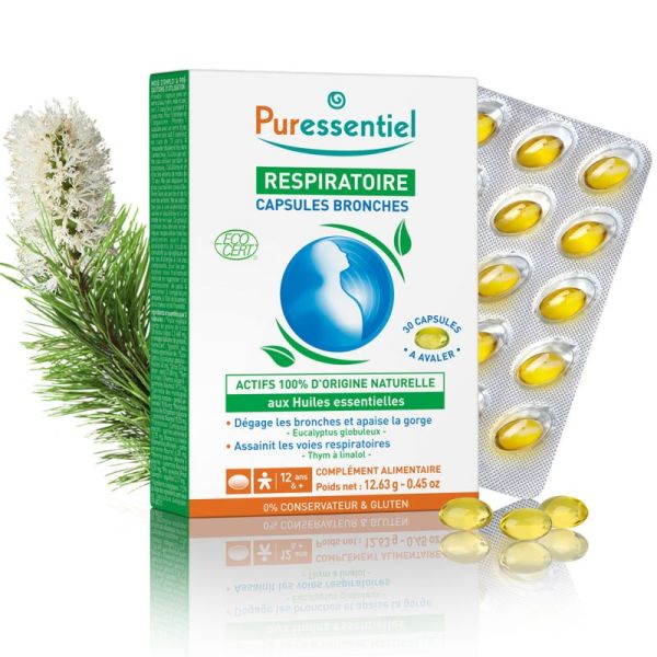 Puressentiel Respiratoire Capsules Bronches Bio 30 Capsules – Dégage les bronches, apaise la gorge et assainit les voies respiratoires