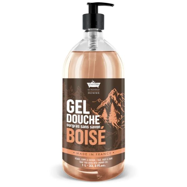 Les Petits Bains de Provence Gel Douche Homme - 1 Litre - Boisé - Rafraîchissant, Énergisant et Authentique