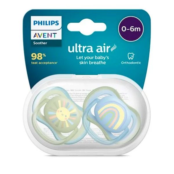 Avent Ultra Air 2 - Lot de 2 Sucettes Orthodontiques - En Silicone - 0/6 Mois